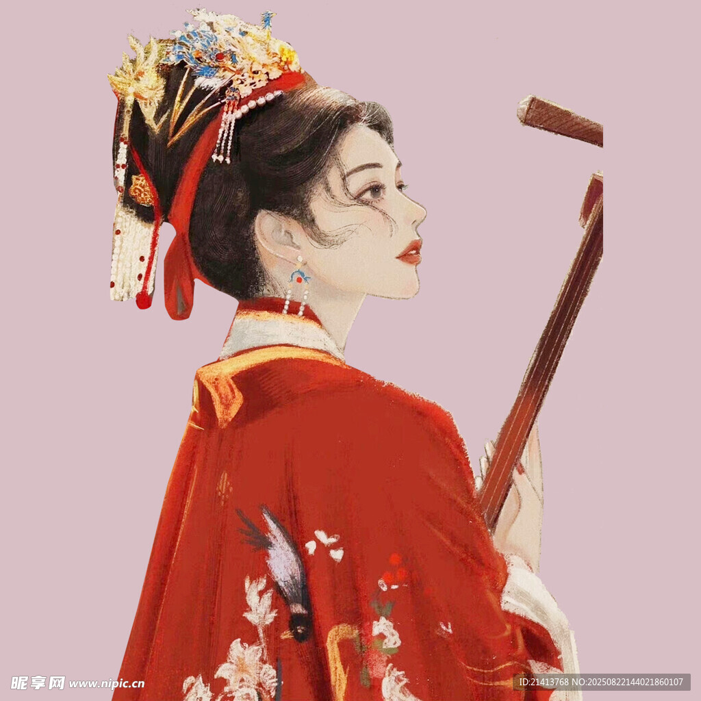 古风红衣佳人持笛侧影