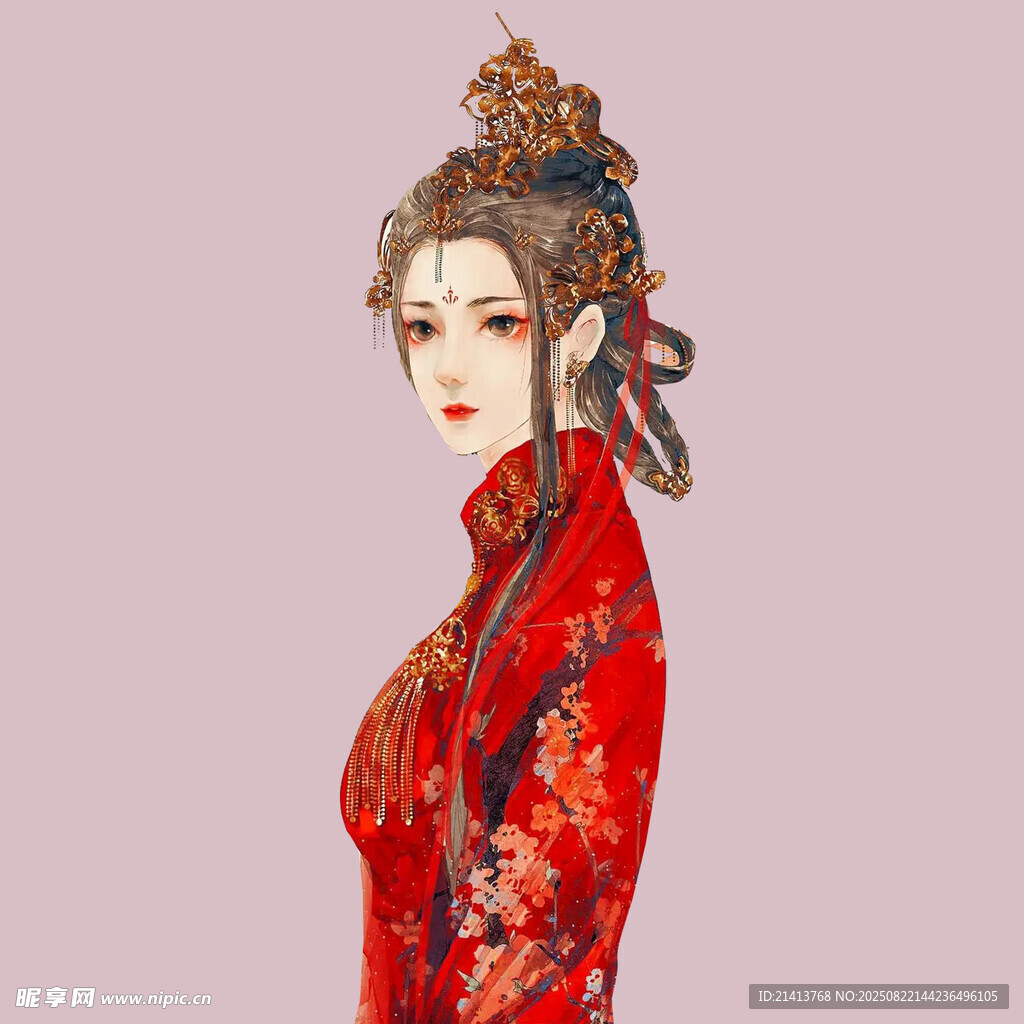 古风红衣女子优雅侧立