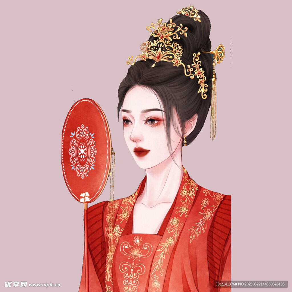古风红衣持扇古典美人