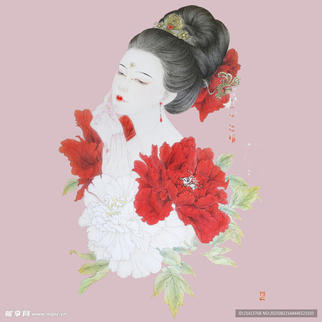 古典美人与娇艳牡丹图
