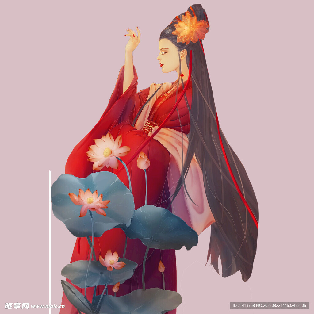 古风红衣女子与荷花景致