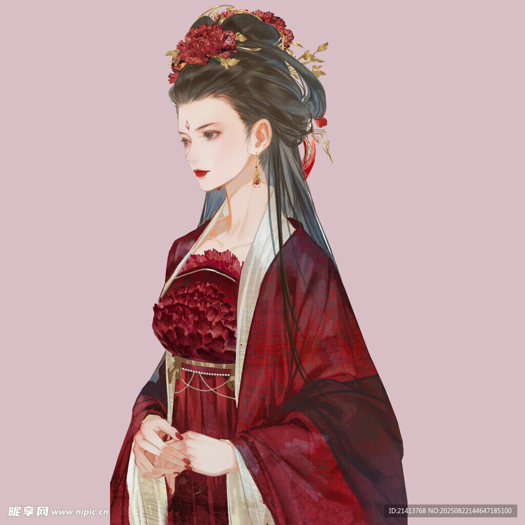 古风红衣女子优雅侧颜