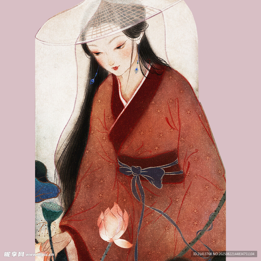 古风持伞红衣女子画像