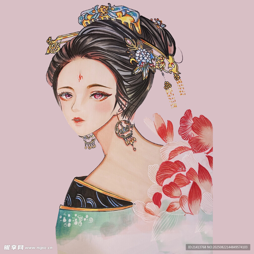 古风簪花女子画像