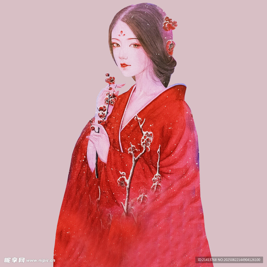 红衣古装女子持花图