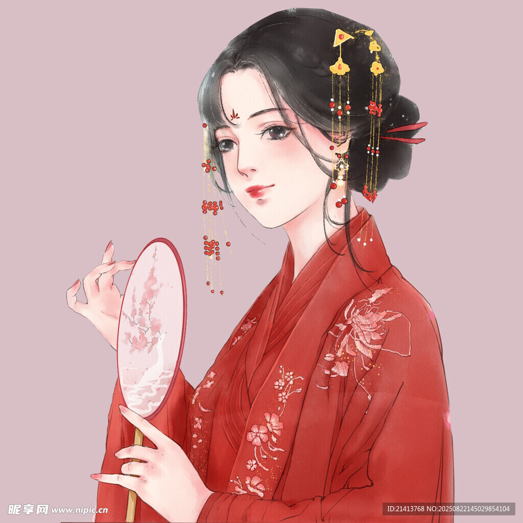 红衣佳人持扇古风美韵