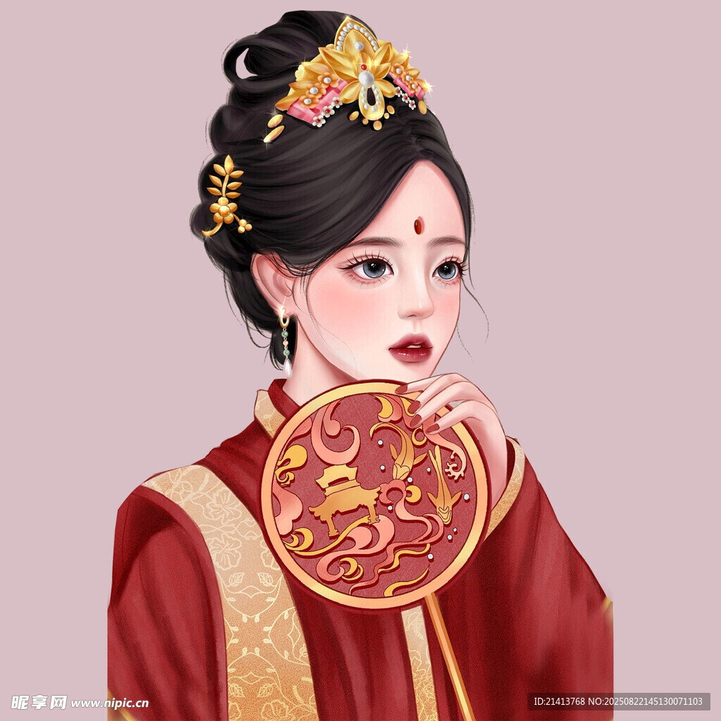 古风红衣女子持扇图
