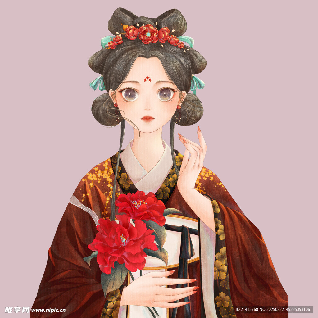 古风汉服女子手持花与书