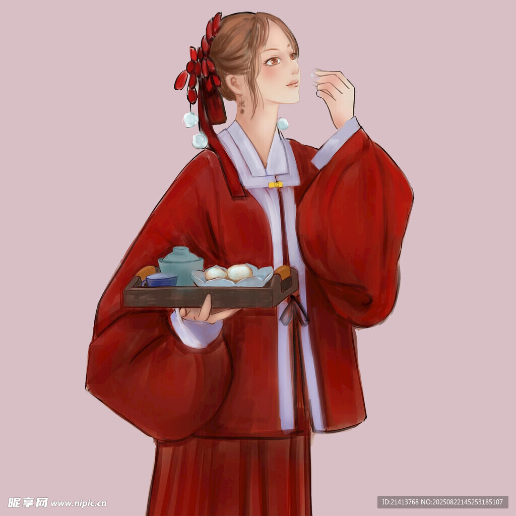 红衣女子端盘优雅进食