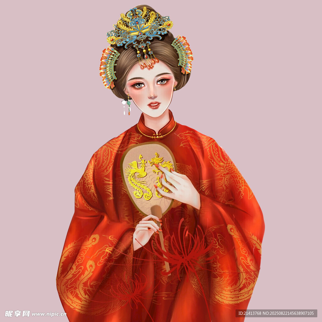 古风红衣女子持扇优雅图