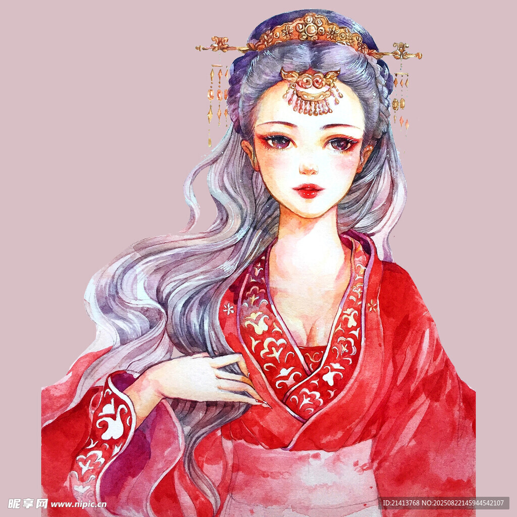 古风红衣女子优雅插画