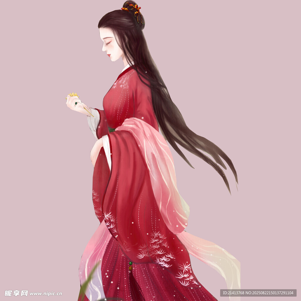 古风红衣女子优雅持物