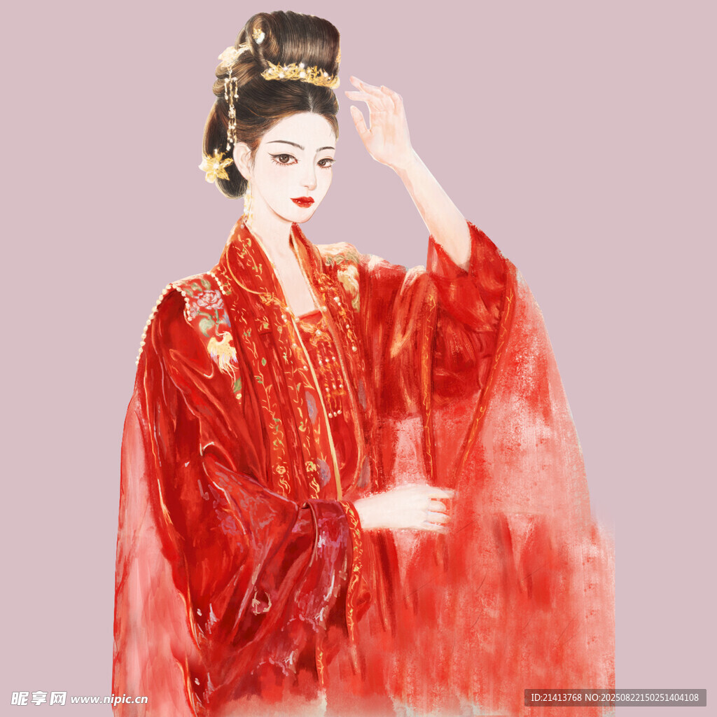 红衣古风女子优雅姿态