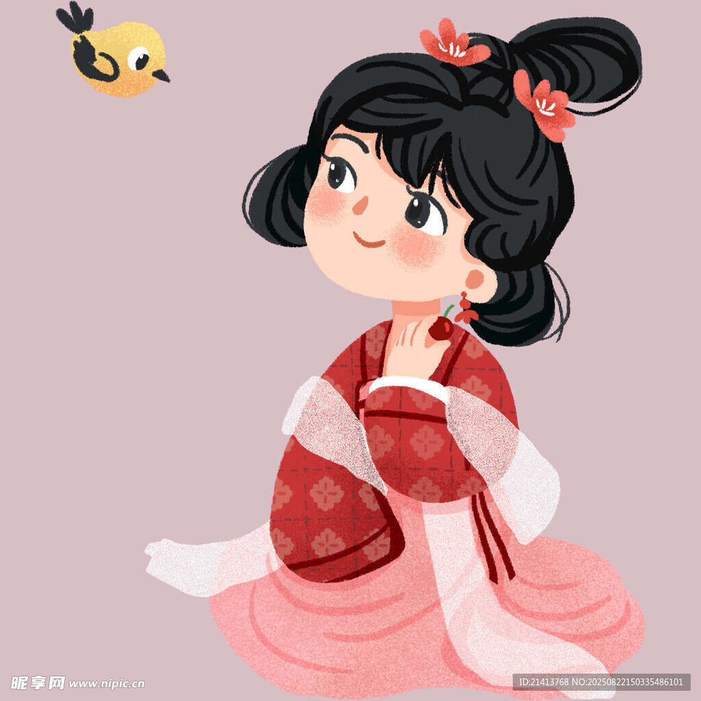 古风红衣少女与飞鸟