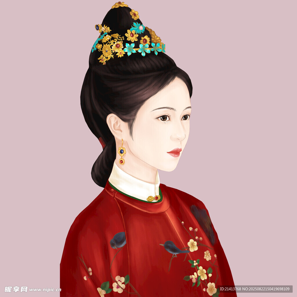 古典红衣女子的精美头饰