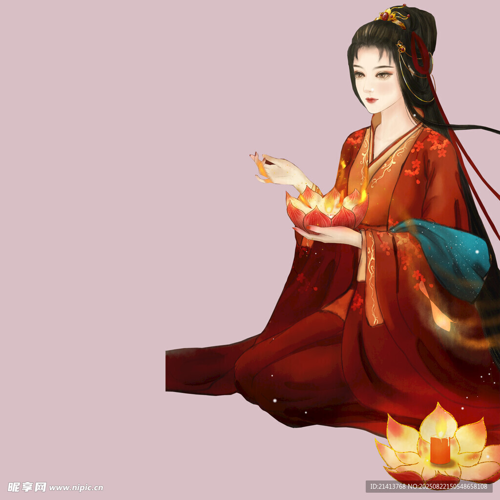 古风红衣女子持灯祈福
