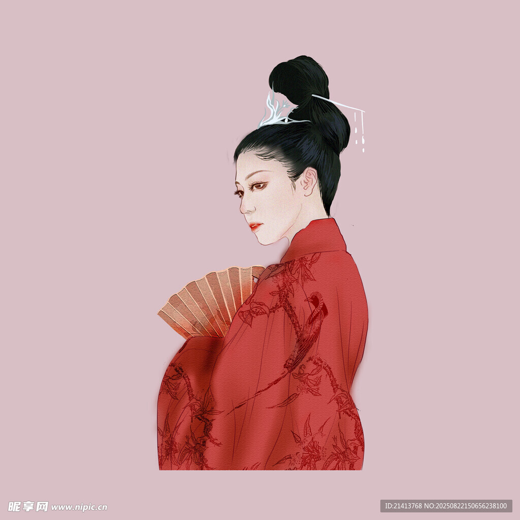红衣古装女子持扇侧颜