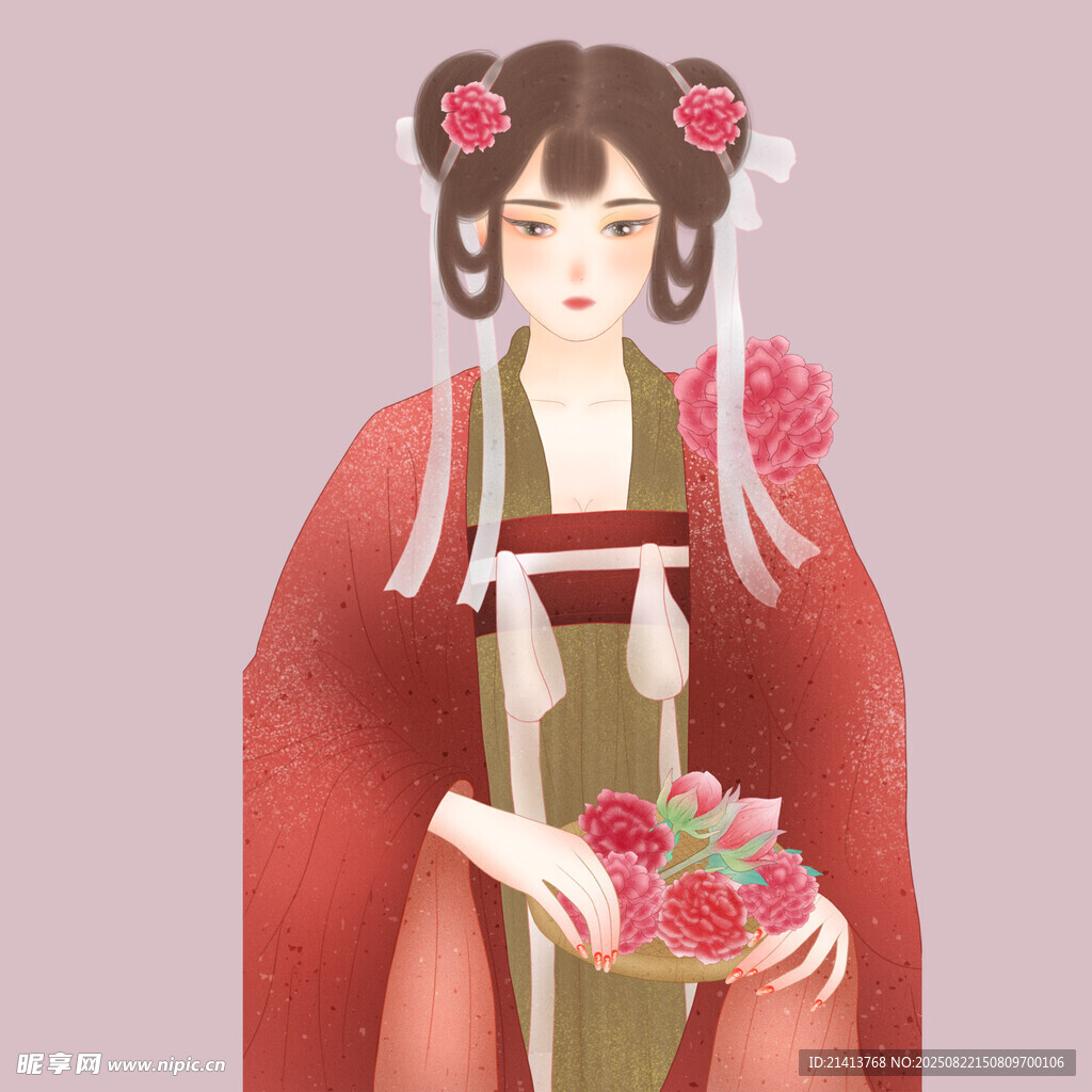 古风红衣持花古典女子