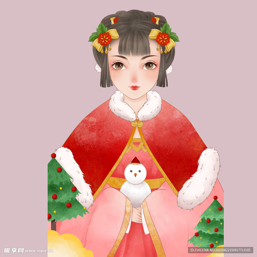 红衣少女怀抱雪人迎佳节