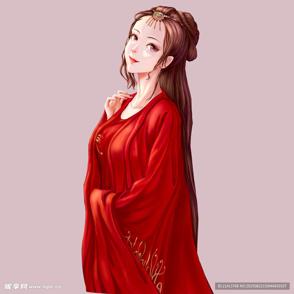 红衣古装女子优雅侧立
