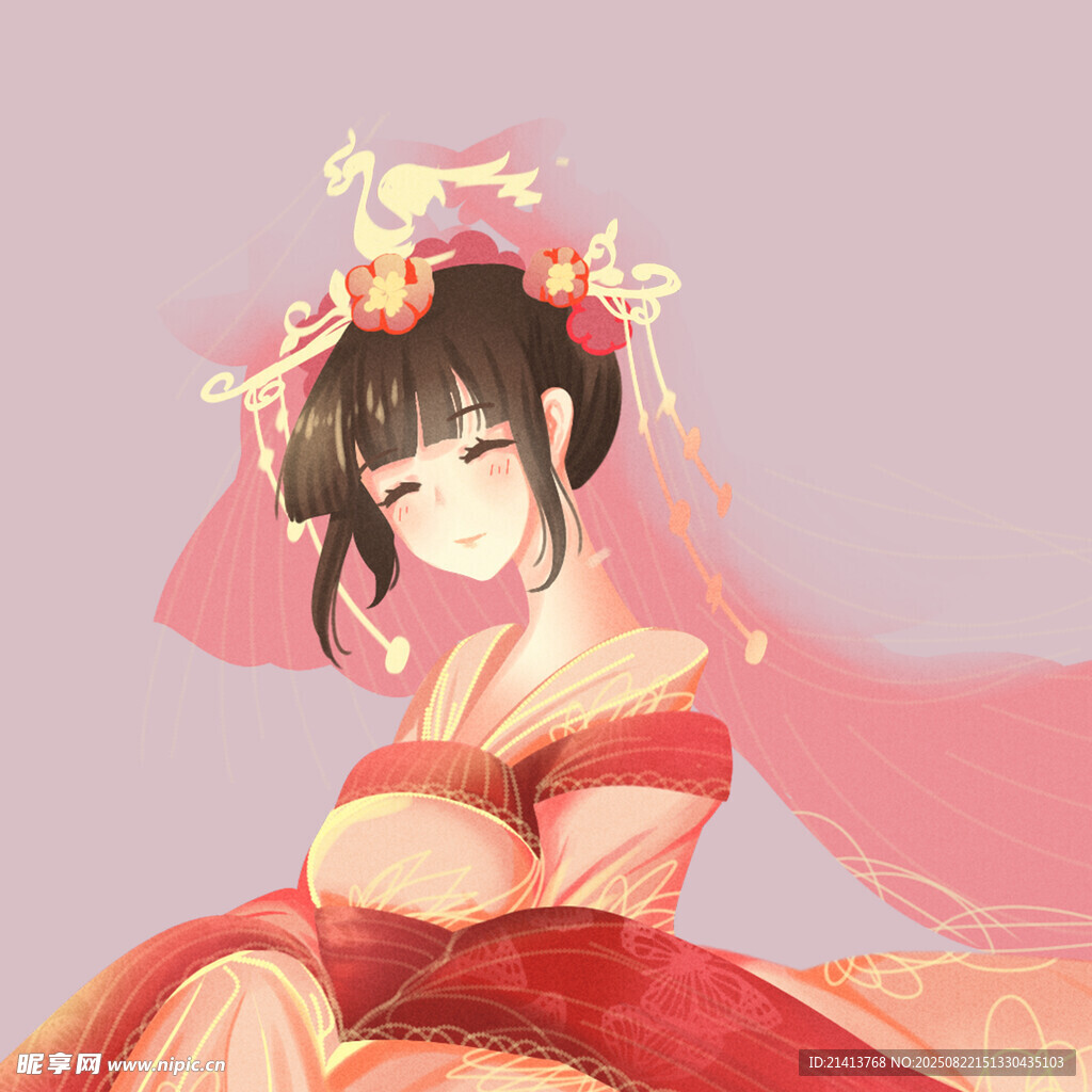 古风红衣新娘唯美插画