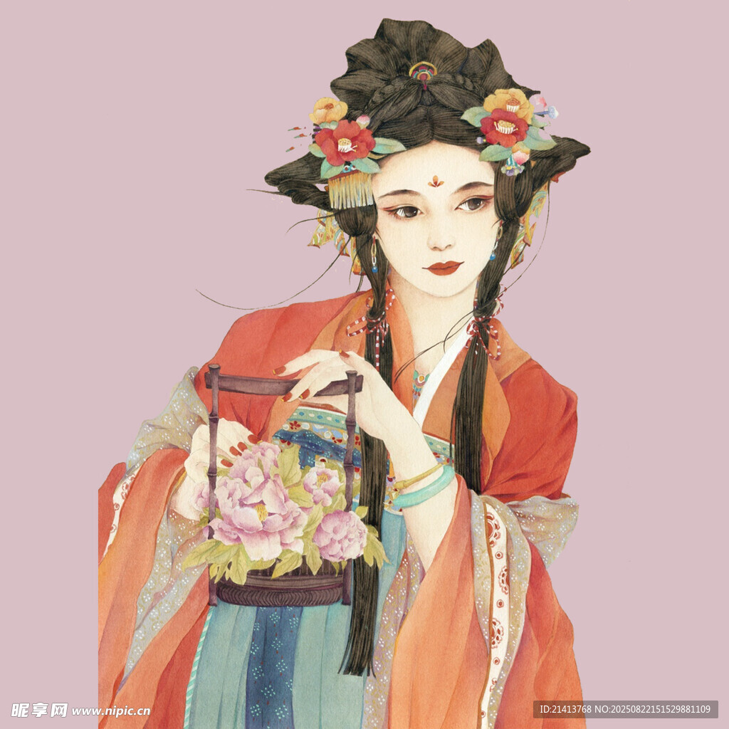古风女子持篮优雅扮相