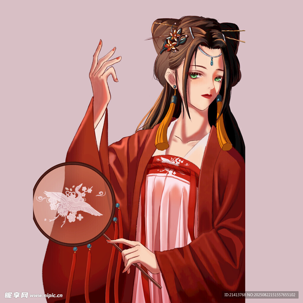 古风红衣持扇优雅女子
