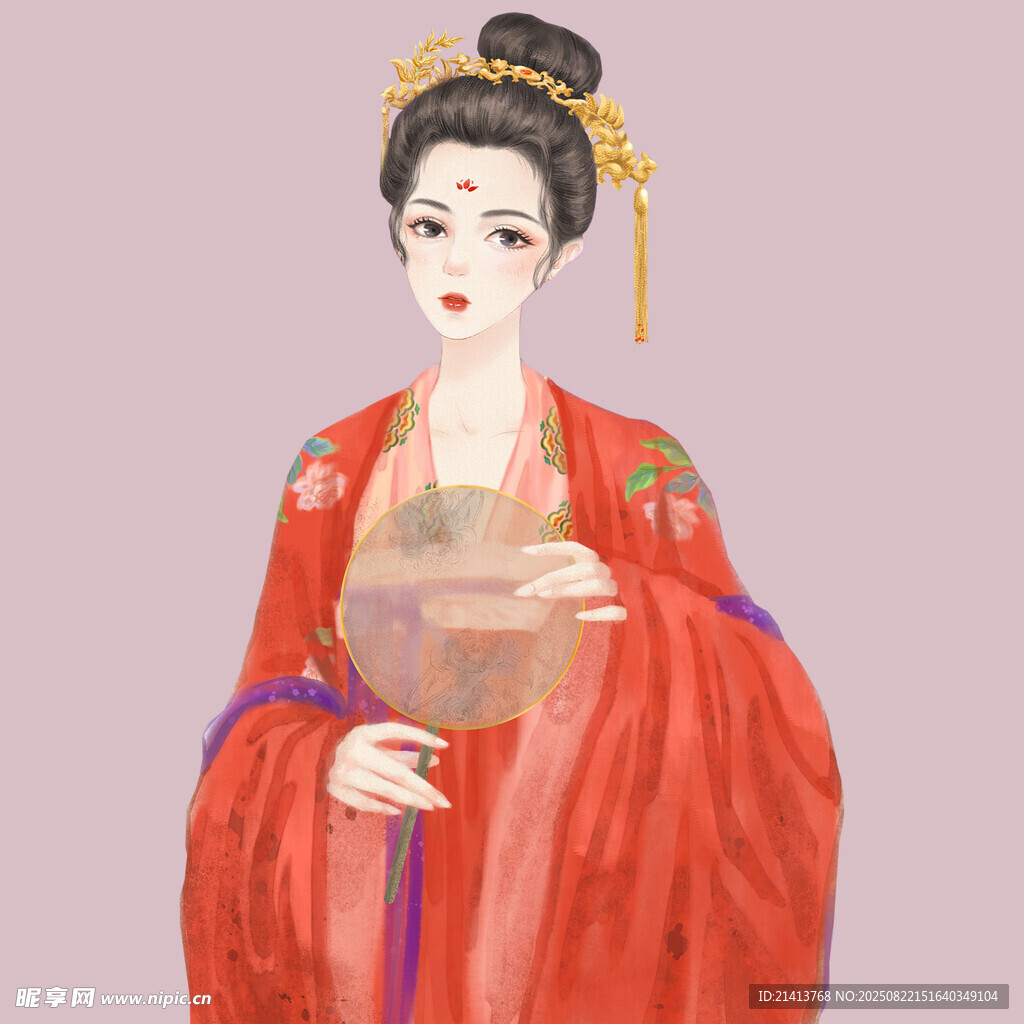 古风红衣女子持扇图