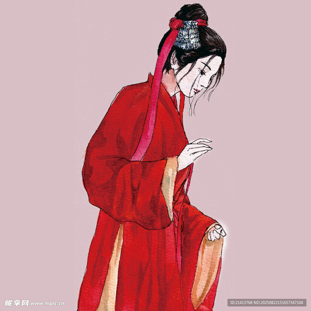 红衣古装女子优雅俯身