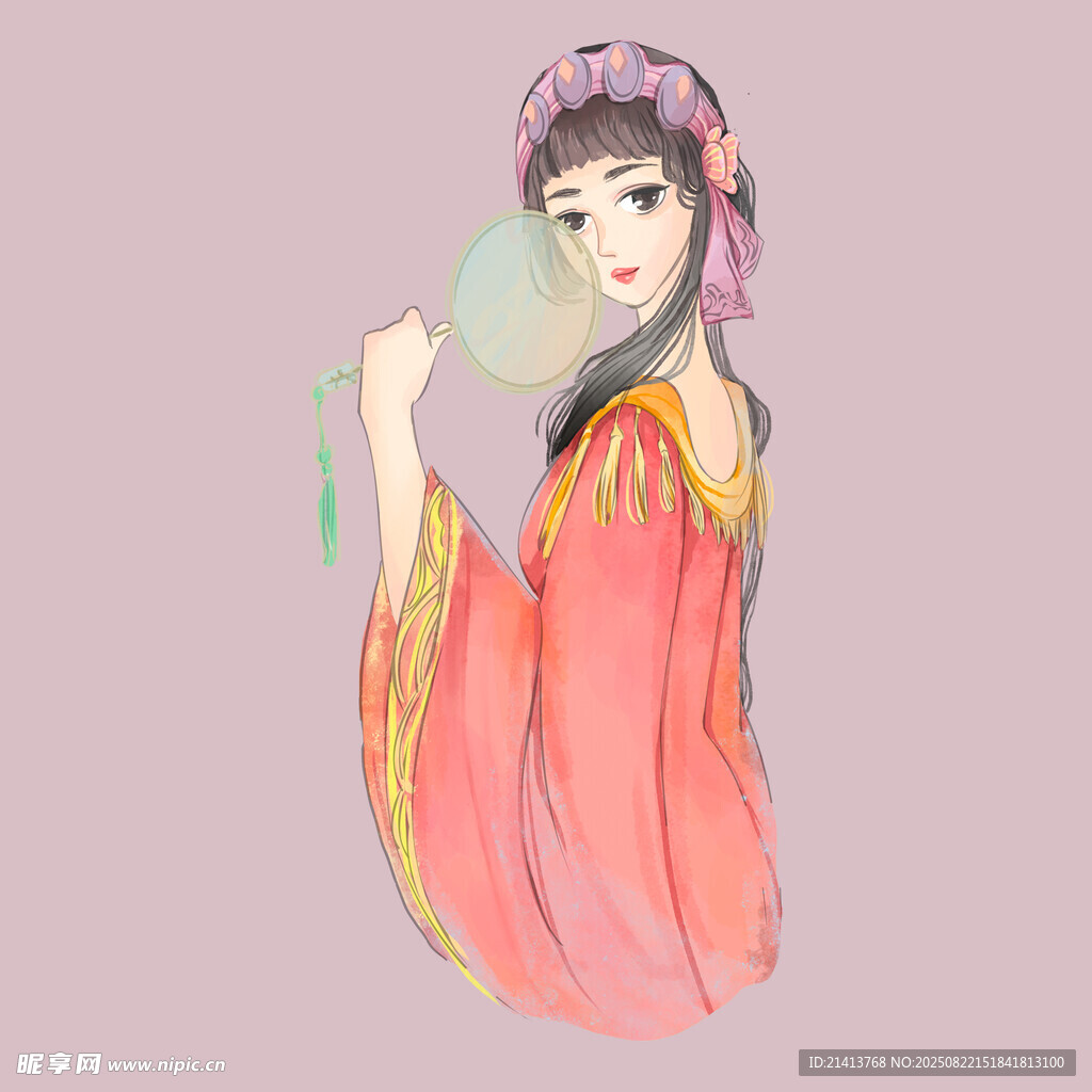 古风持扇红衣女子插画
