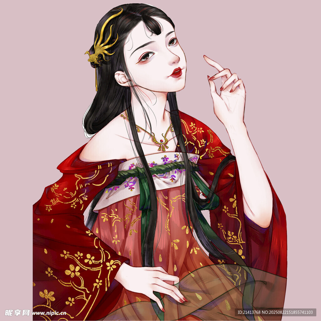 古风红衣女子优雅抚琴