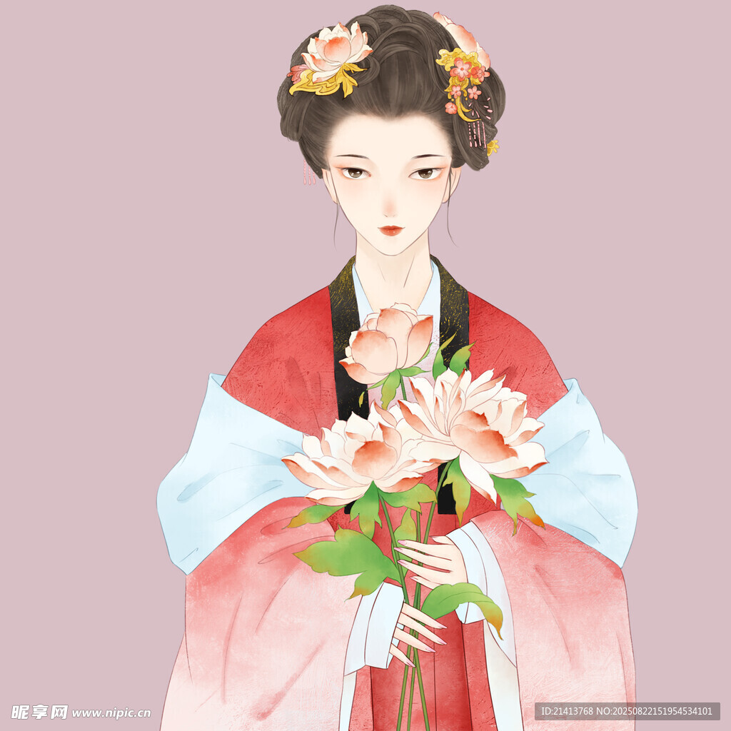 手持荷花的古典汉服女子