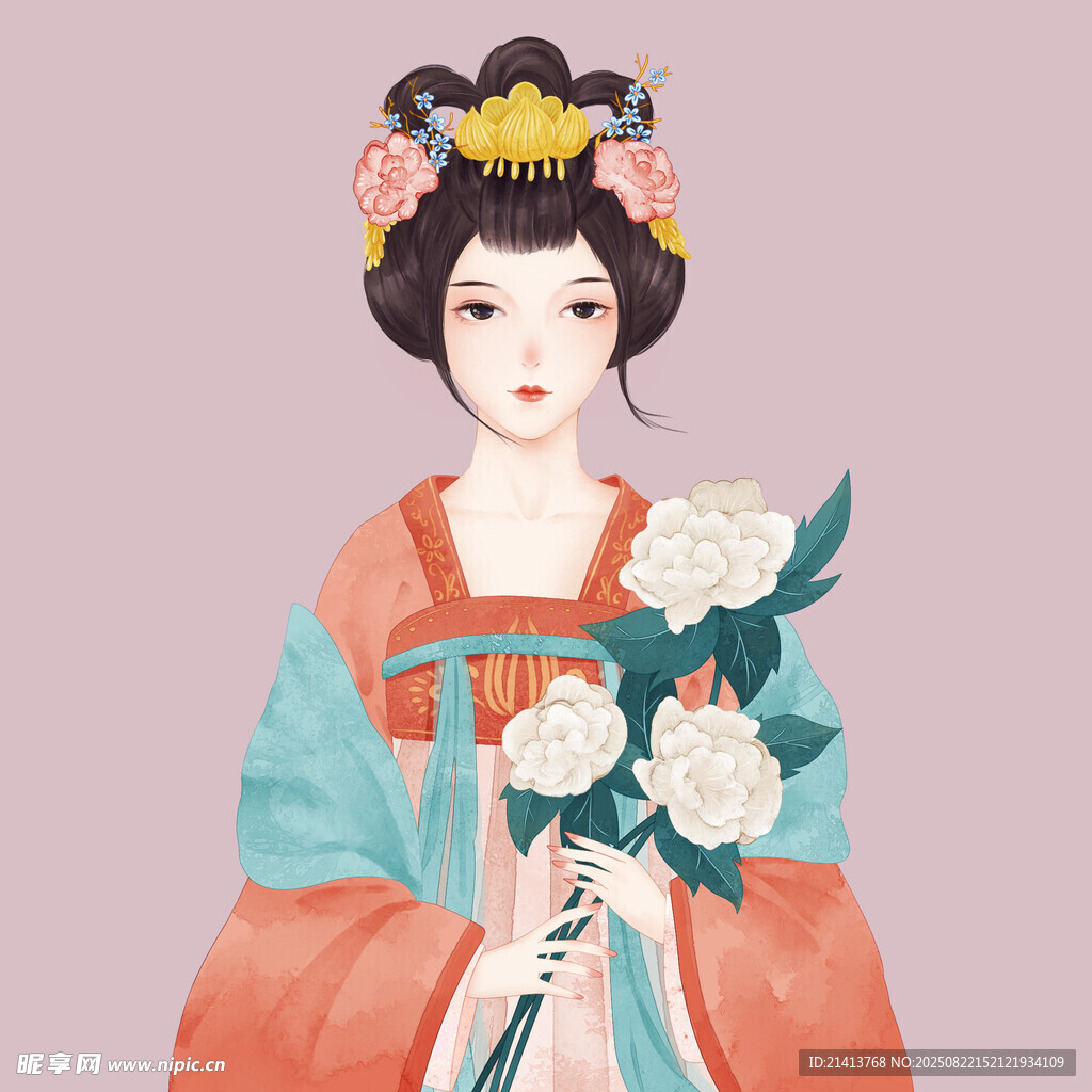 持花唐装女子古风插画