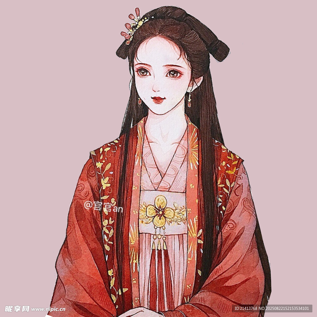 古风红衣女子汉服插画