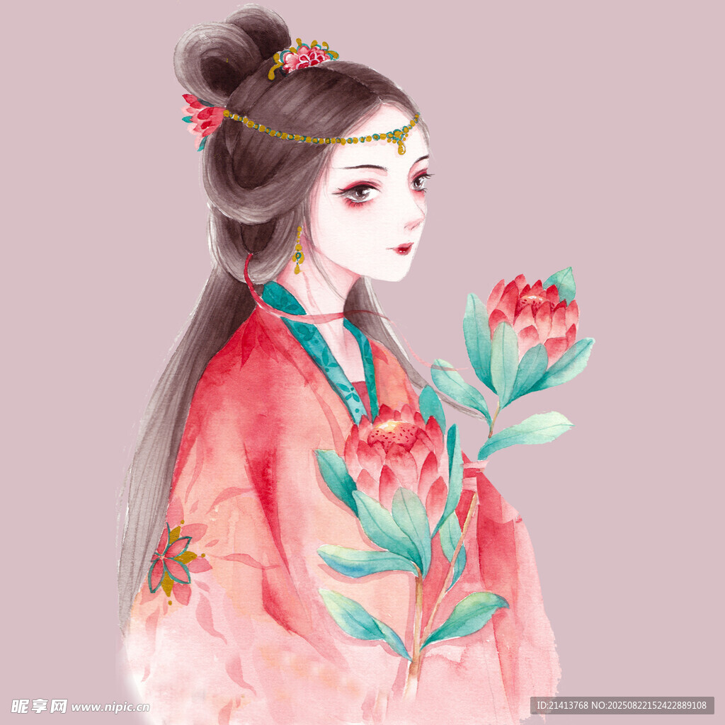 古风红衣持花女子