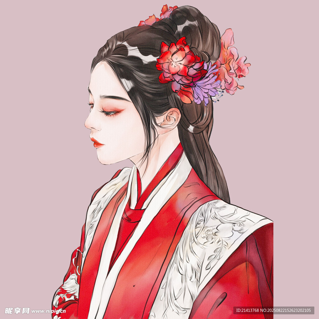 古风红衣女子优雅侧颜