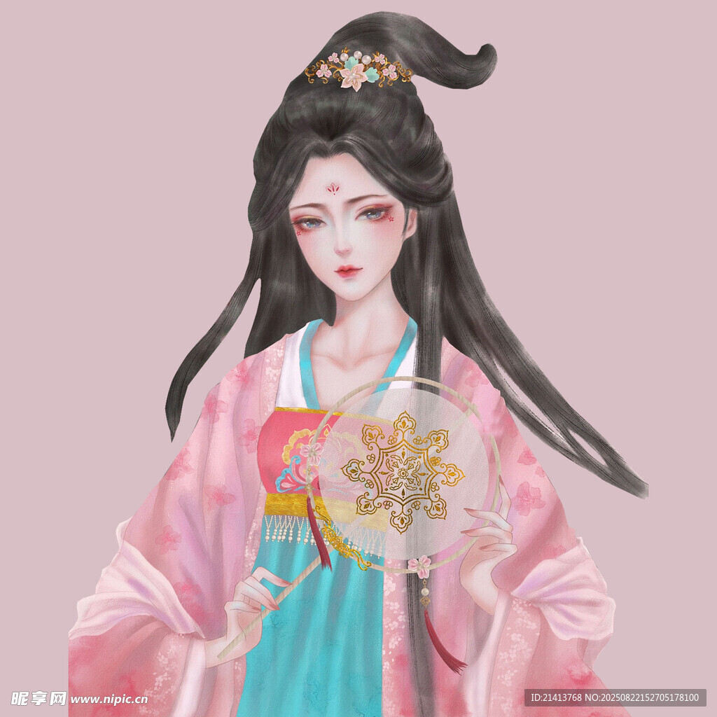 古风汉服女子持扇优雅而立