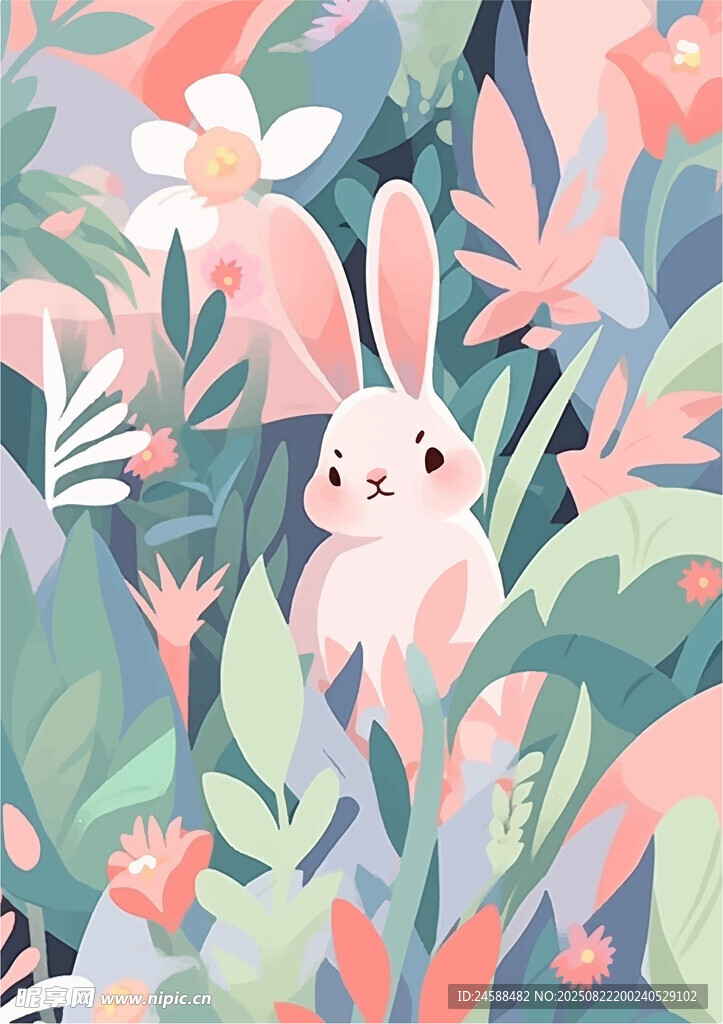 手绘卡通插画动物兔子花草树叶