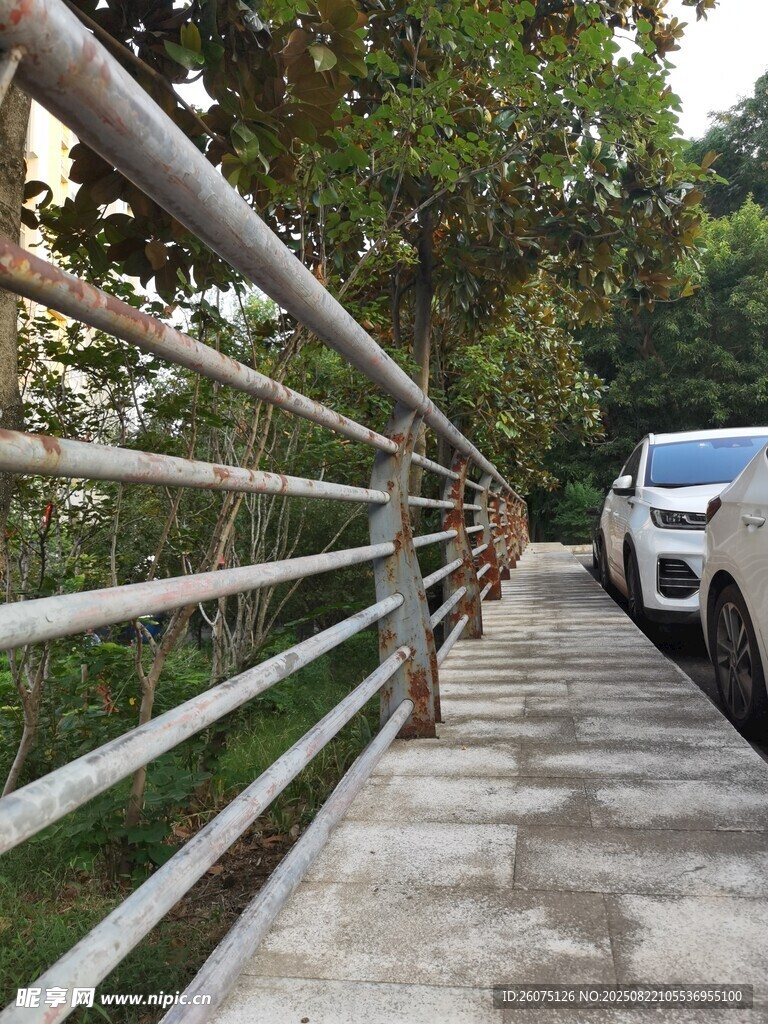 路边金属护栏与停放汽车