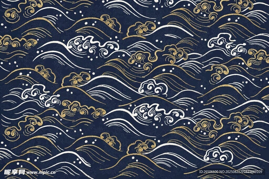 浮世绘风格海浪纹布料图案