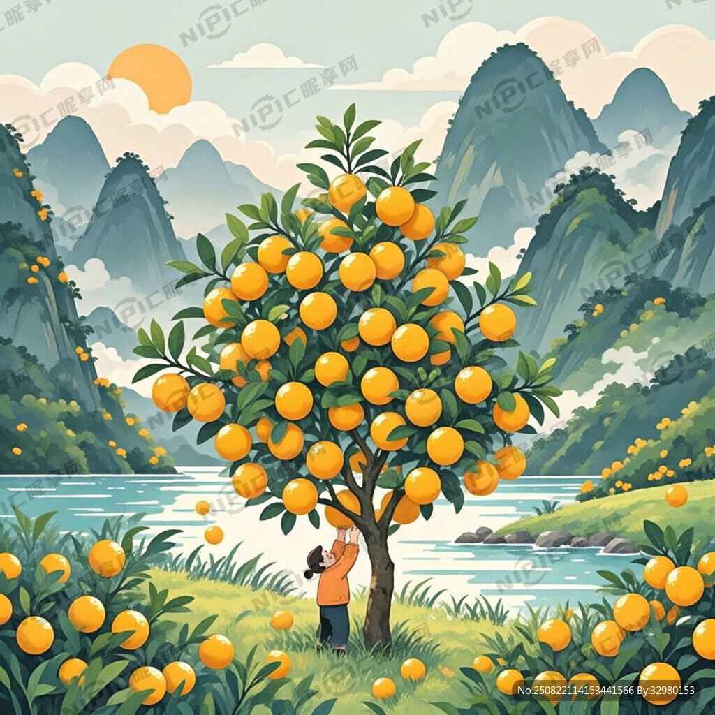 甜脆金橘树 桂林山水 人物摘果