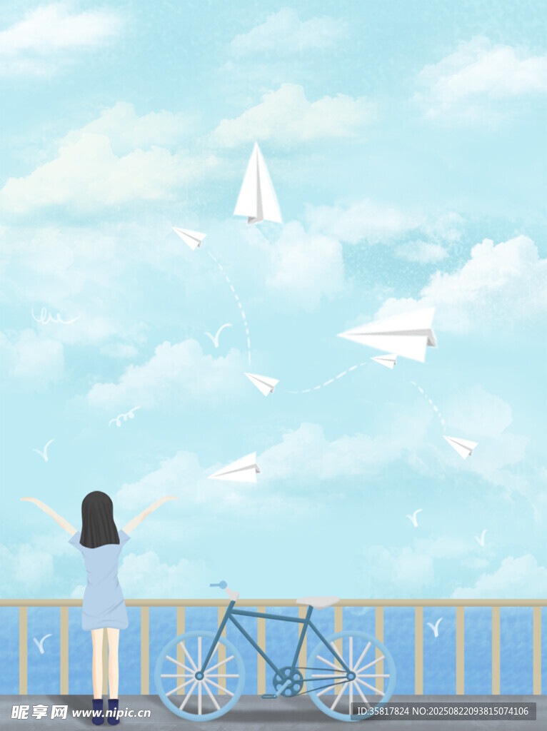 女孩望向纸飞机与自行车