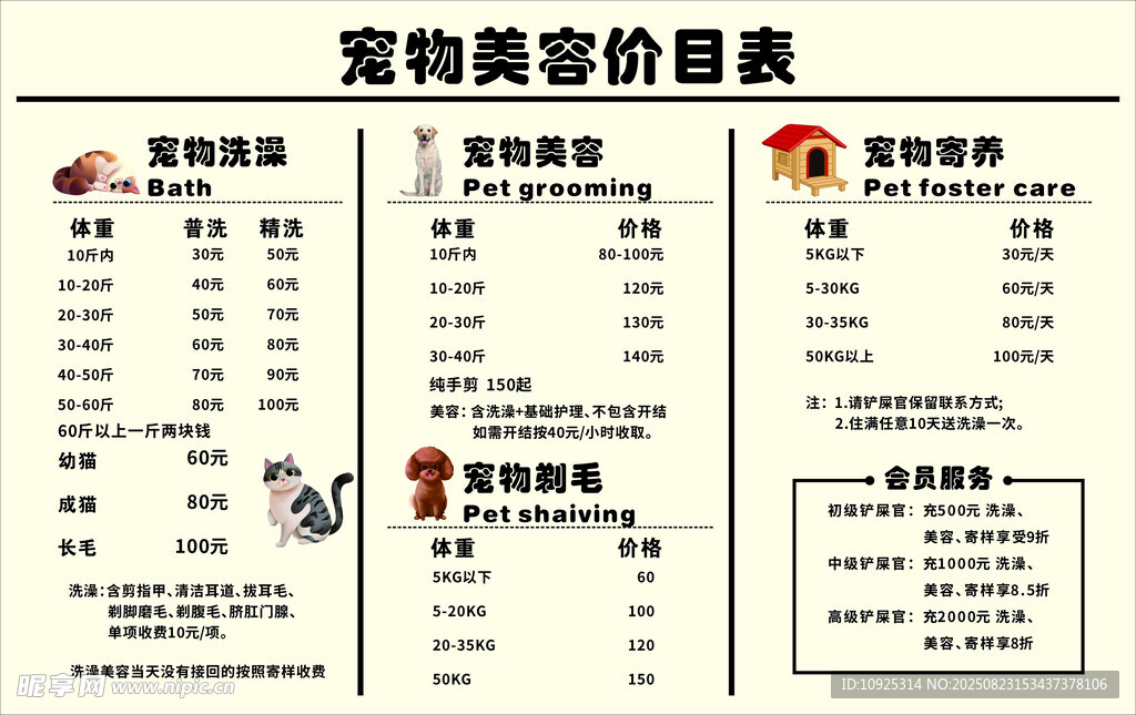 宠物美容价目表展示