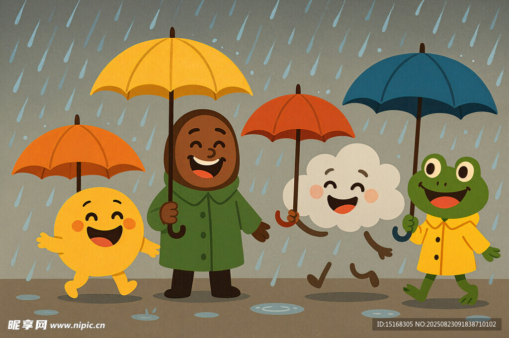 雨中欢乐的卡通角色们
