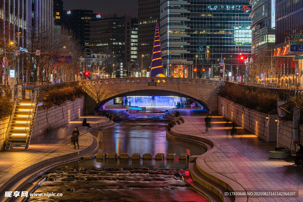 城市夜景中的桥梁与繁华街道