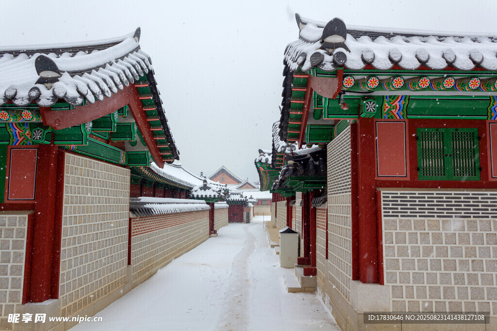 雪覆中式古建庭院小道