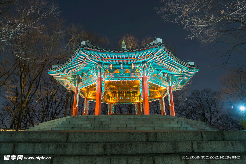 夜晚中式古亭璀璨灯光秀