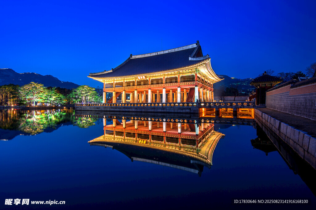 夜幕下的古典建筑倒影