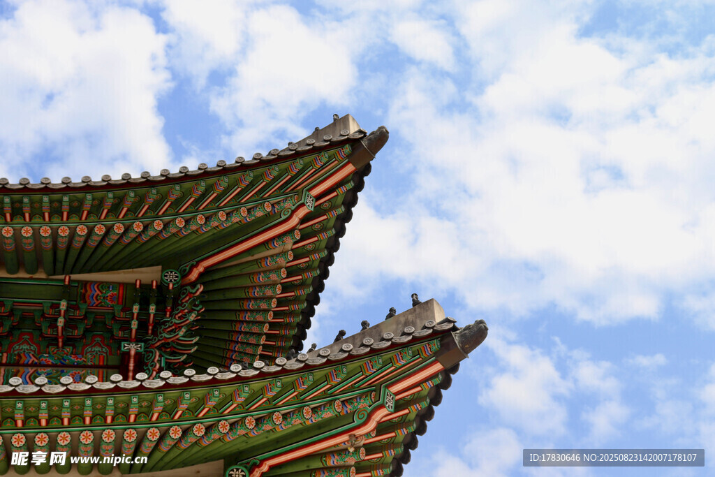 中式古建筑屋檐与蓝天