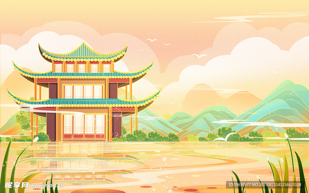 中式古风楼阁山水美景